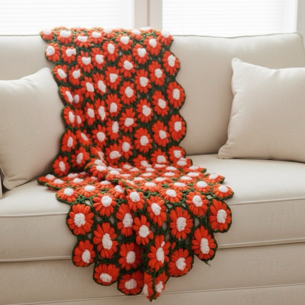 VINTAGE red green daisy flower afghan crochet blanket granny